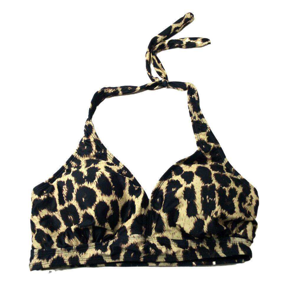 Leopard Print Halter Bikini Top Size XL Black Brown Lined Swimwear Triangle